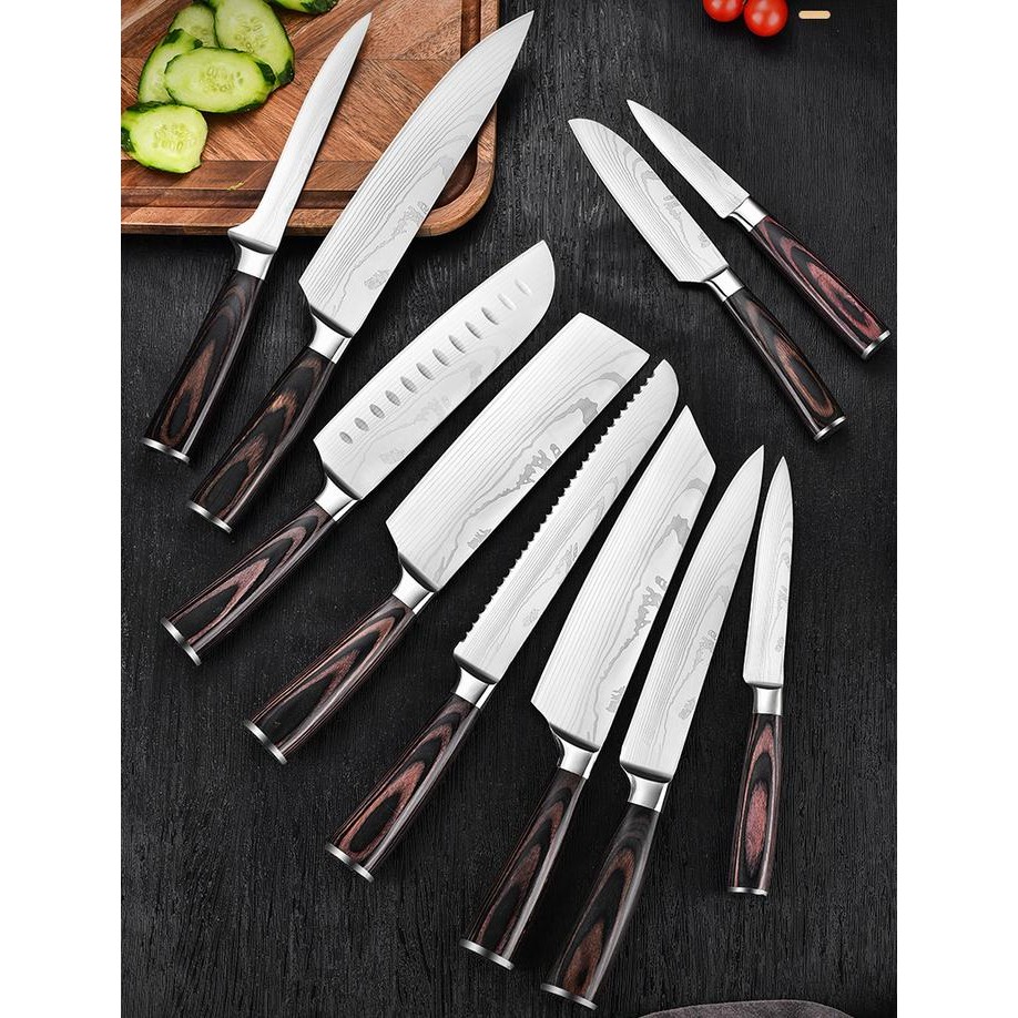 Pisau Dapur Daging Serbaguna Bilah Lebar Tajam Damascus Pattern Stainless Steel 5Cr15, Gagang Kayu E