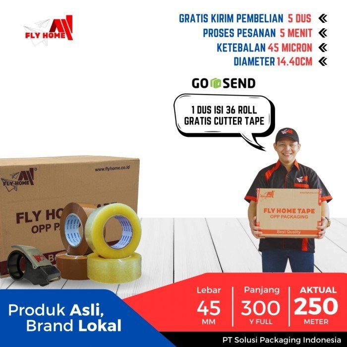 

FLYHOME Lakban bening coklat 45x300yard 36roll 1dus ukuran FULL INSTAN