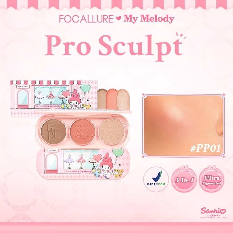 FOCALLURE X Sanrio #DressUpSlay Pro Sculpt 3-in-1 Palette Blush Contour Highlighter No caking Non-st