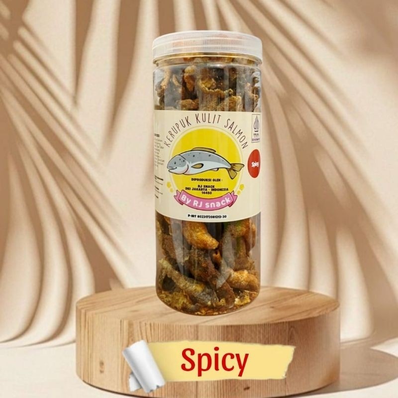 

Kerupuk Kulit Ikan Salmon Cemilan Kekinian Varian Rasa Spicy Kemasan Toples Besar