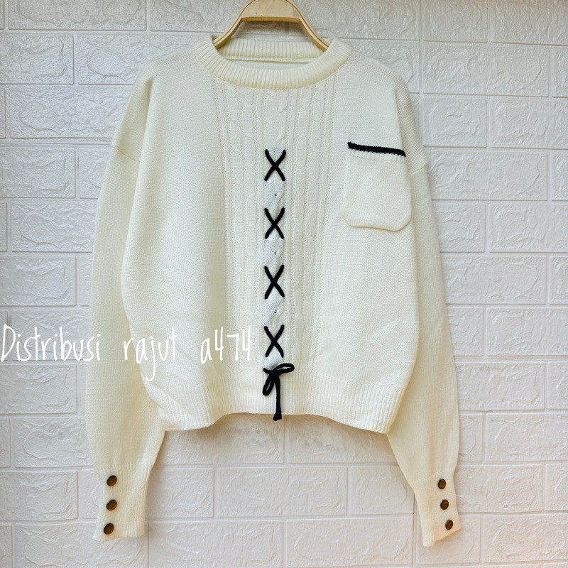 JAMEELA BAJU ATASAN SWEATER RAJUT MOTIF TALI DEPAN SAKU WANITA LENGAN KANCING KOREAN STAYLE