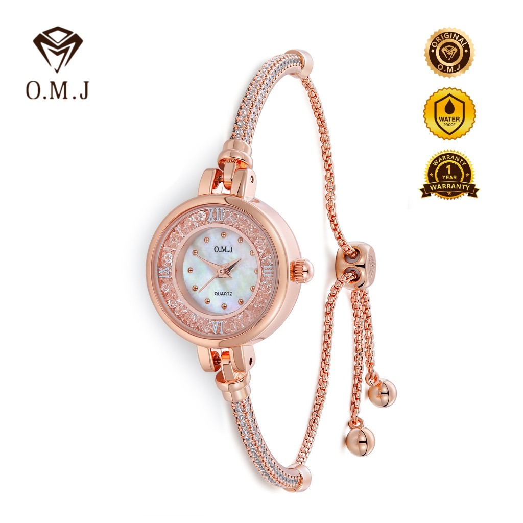 OMJ Jam Tangan Serut Wanita Berlian Rose Gold Gelang Strap Dapat Disesuaikan Sendiri Korea Trend