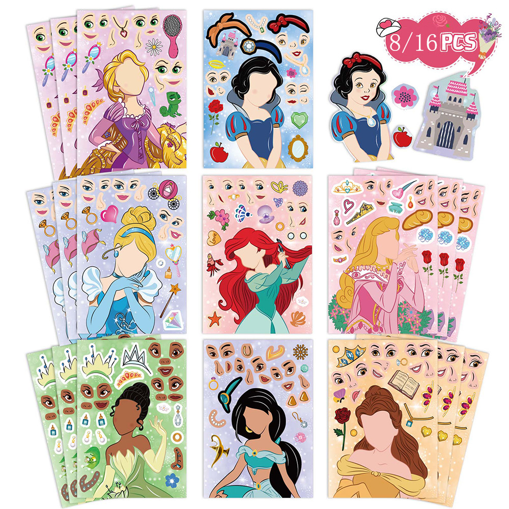 

8/16Sheets Disney Princess Puzzle Stickers Make-a-Face Children DIY Assemble Jigsaw Educational Toys Party Favors For Kids Girls