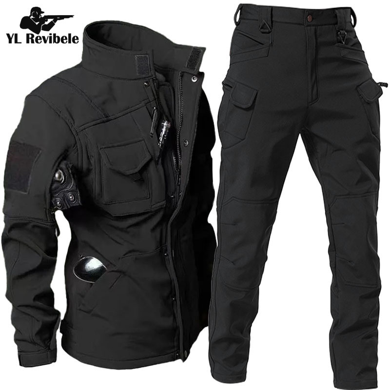 Winter Tactical Sets Men Outdoor Army Multipocket Jacket+Wearresistant Straight Cargo Pant 2 Pcs Sui