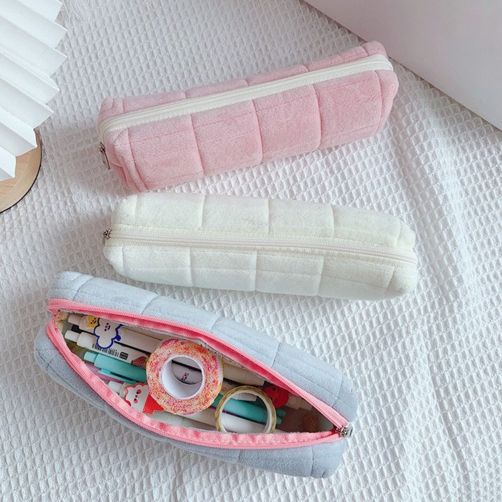 

1PC Plush Lattice Pencil Bag Large Capacity Simple Stationery Box with Zipper Pencil Cases School Supplies