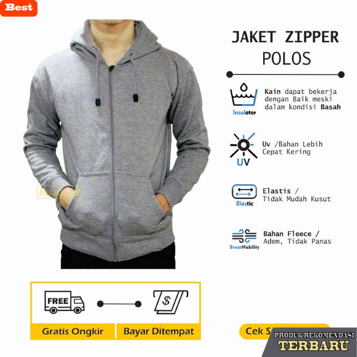 hoodie pria keren Jaket Hoodie [POLOS] Sleting Pria Wanita Abu Muda - Abu Muda, M