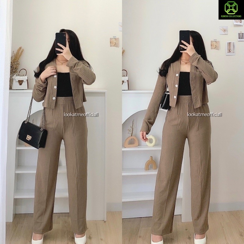 Lookatmeofficial • Set Casey Premium Knit (Cardi+Pants) / Setelan Wanita Crop dan Celana Kulot