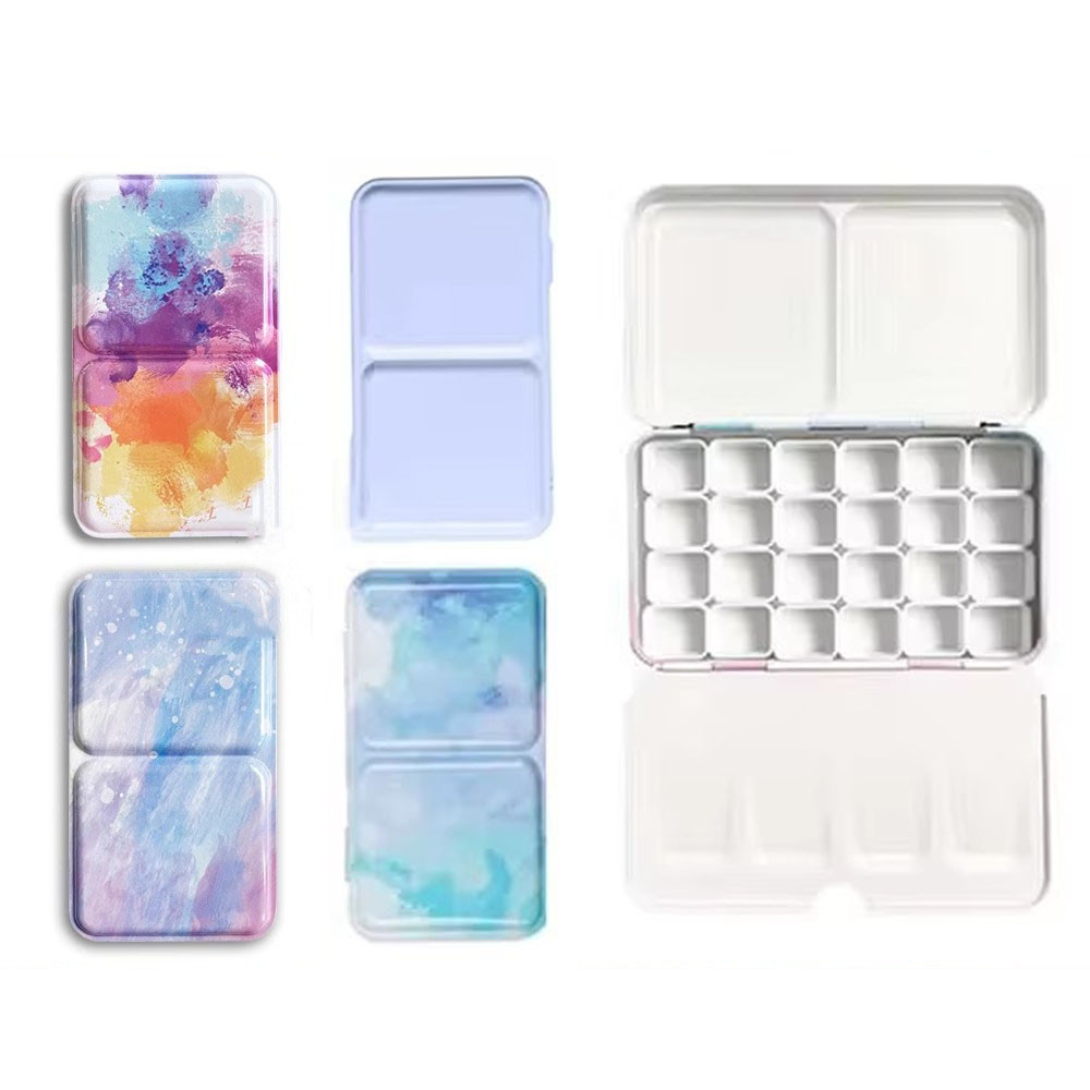 

Portable Empty Watercolor Tin Box Storage Iron Paint Tray Palette with 24 Half Pans For Painting Art Supplies