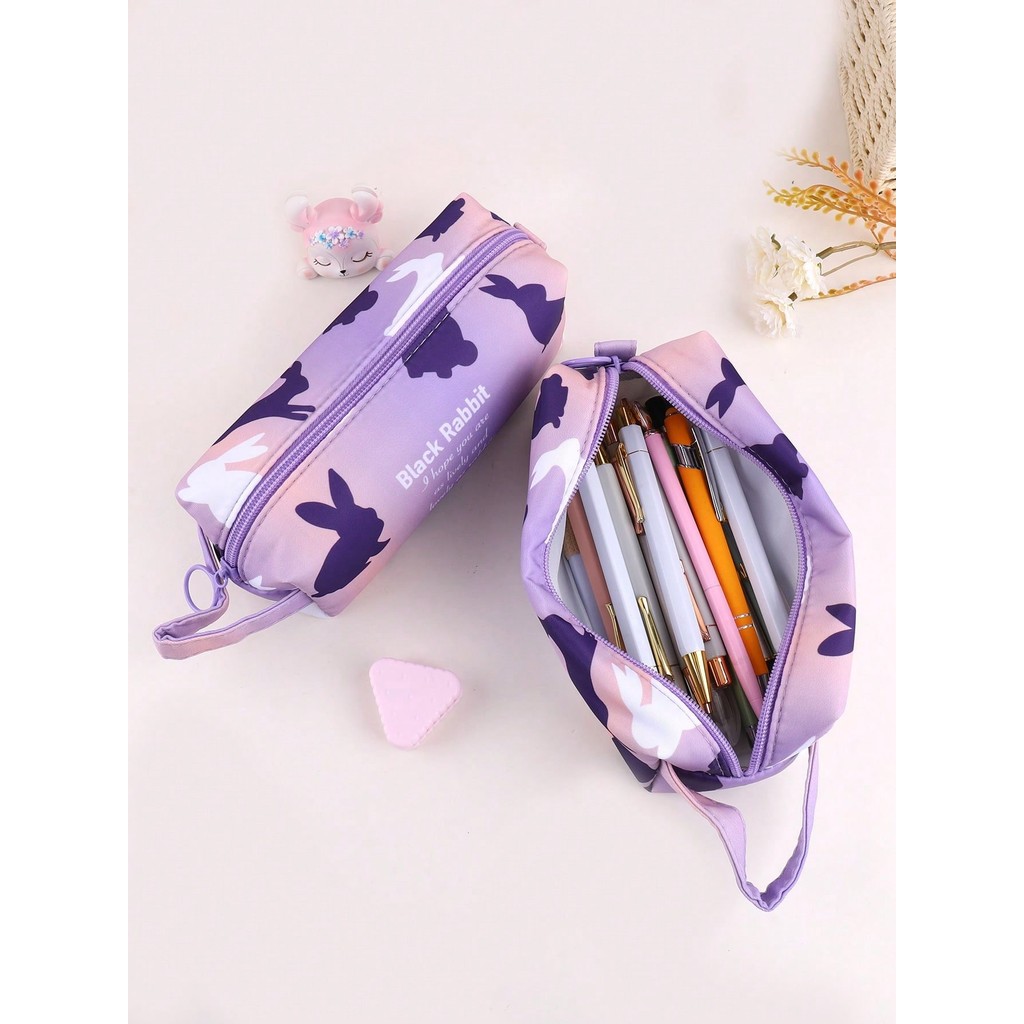

1 Rabbit pattern pencil case, portable stationery storage bag - round zipper design school supplies, office desktop storage