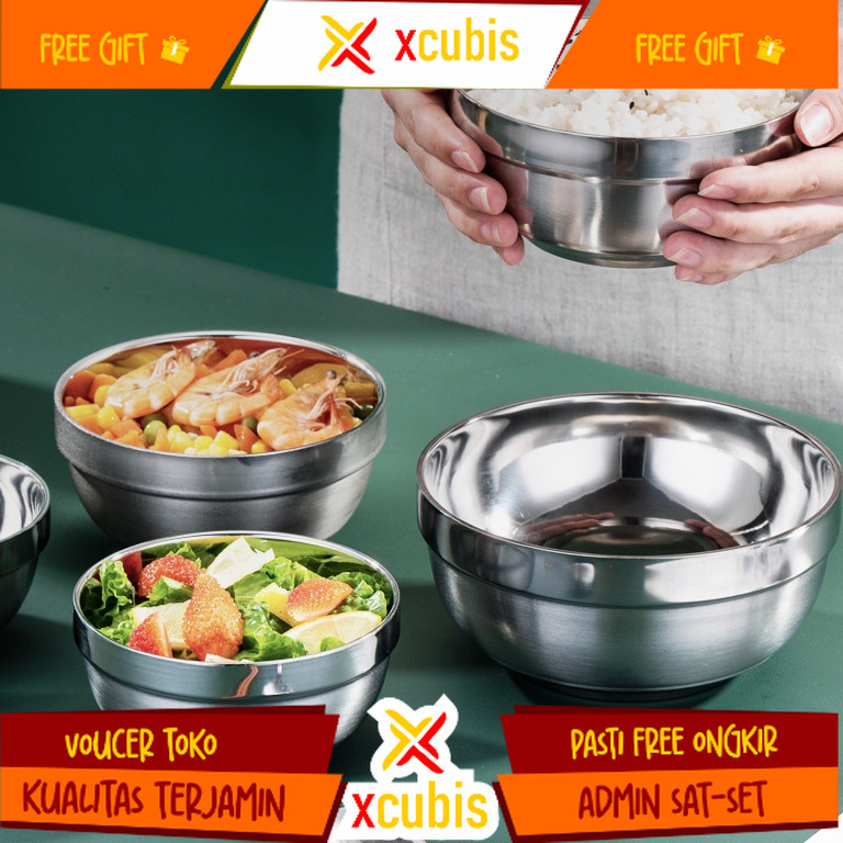 Mangkok Korea Stainless Steel Tebal / Mangkuk Dua Lapis Anti Panas Tanpa Tutup
