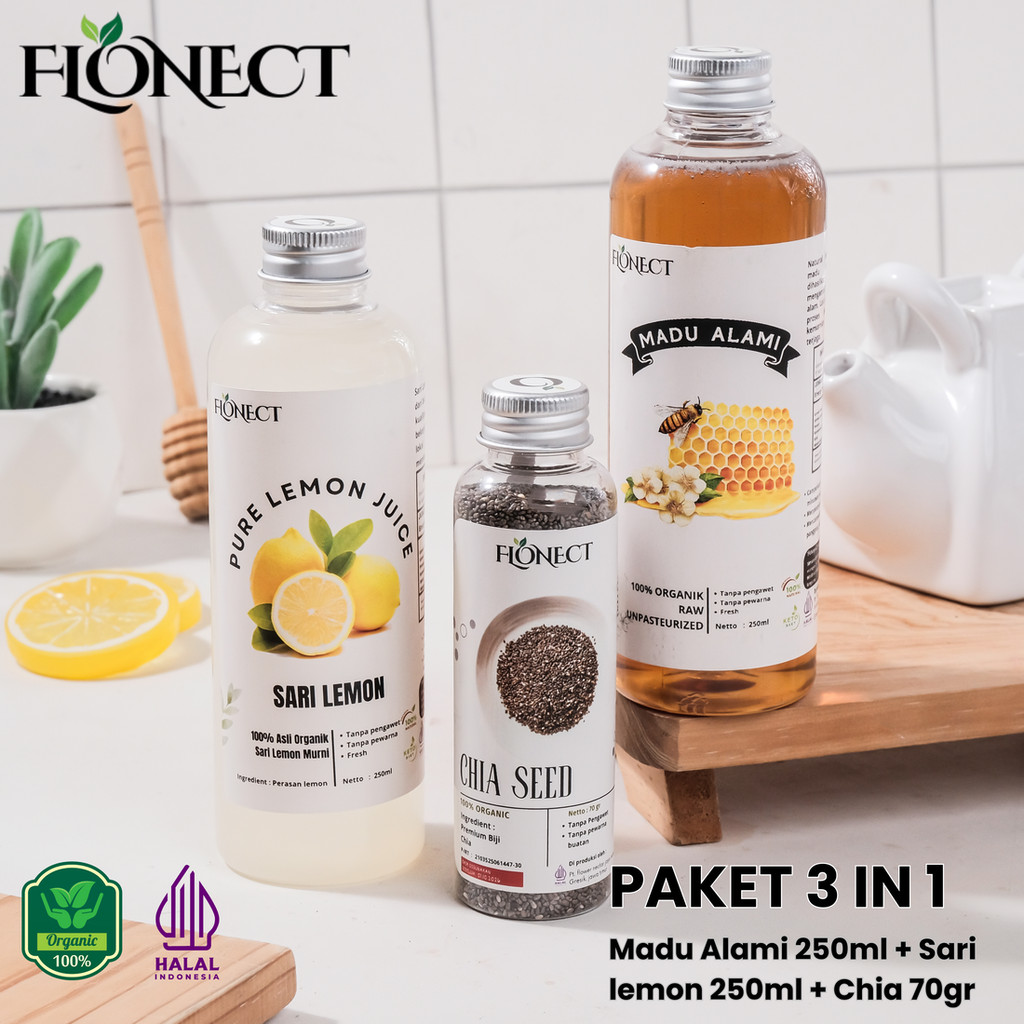 

Flonect Paket 3 in 1 Sari Lemon 250ml, Madu Alami 250ml dan Chia Seed 70gr