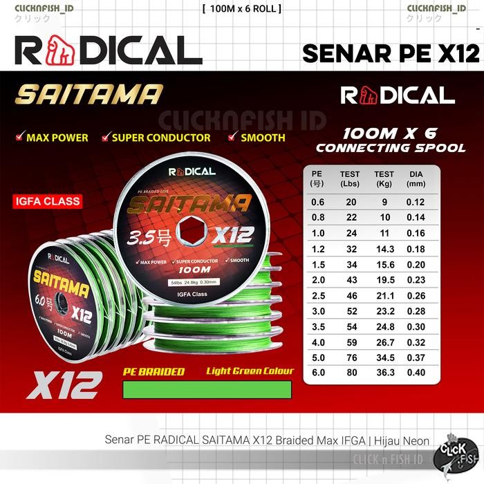 Senar PE RADICAL SAITAMA X12 100M CONNECTING Braided IFGA | Hijau Neon - PE#1.2 32lb