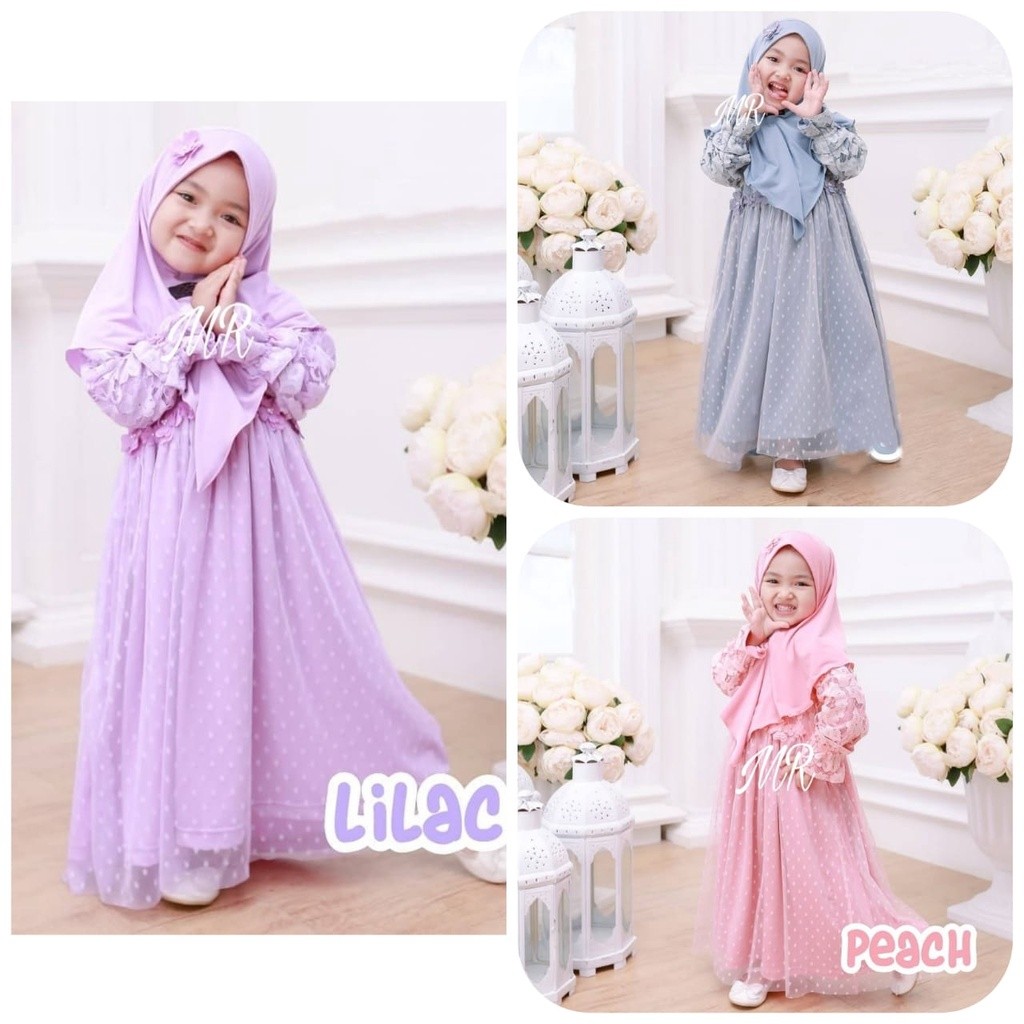 Z1 SET SYARI KID DITYA YUNA GAMIS ANAK BRUKAT TILE DOT DRESS ANAK MUSLIM 3 WARNA