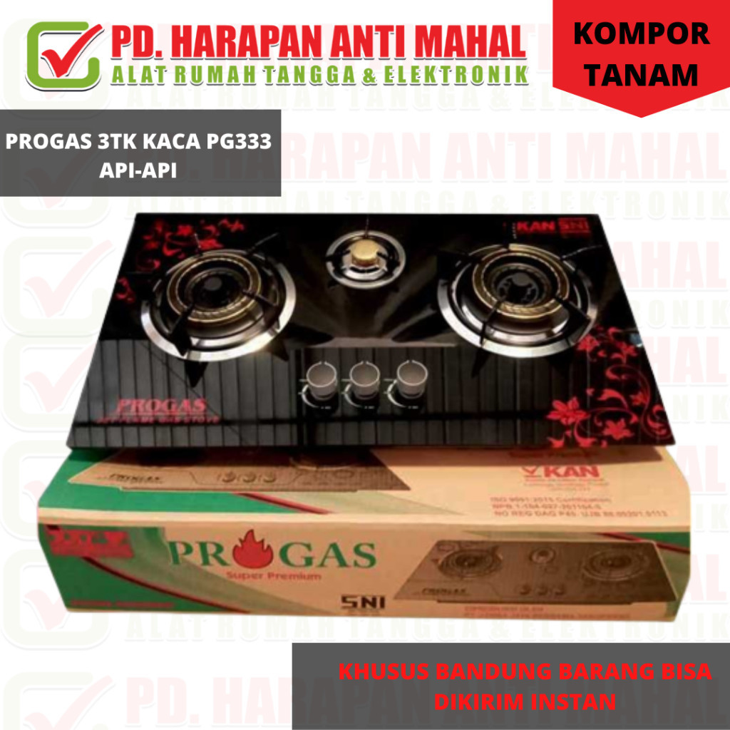 PROGAS 3TK KACA PG333 API-API (KOMPOR TANAM)/ Kompor Tanam Progas 3 Tungku Hitam PG-333 Kaca - API A