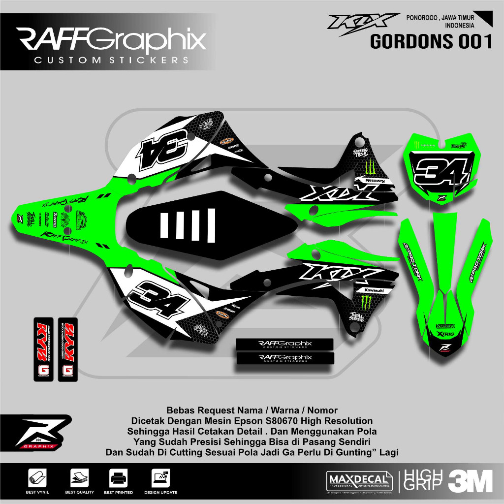 DECAL KLX BODY GORDON / DECAL KLX 150 / STICKER KLX GORDONS HITAM HIJAU