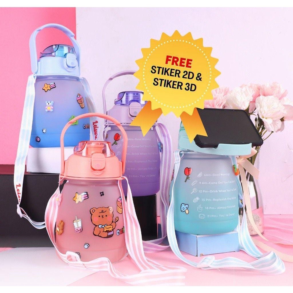 BOTOL AIR MINUM GEMOY BULAT / KOTAK VIRAL AUREL STIKER GRADASI 1.3 LITER PENGINGAT WAKTU BPA FREE