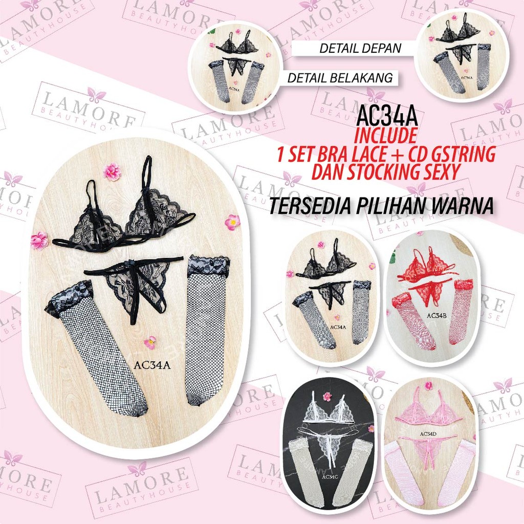 Bra Set G String Underwear Wanita + Stocking Lace Hitam Ac34A