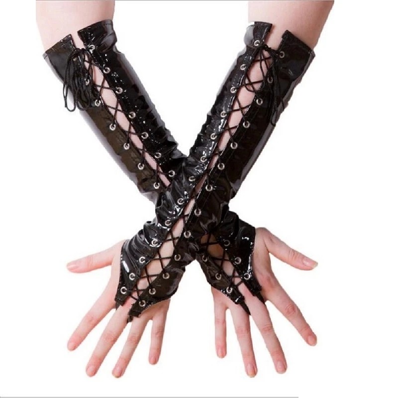Sexy Long PVC Women Black Red Gloves Ladies Fetish Faux Leather Black Bandage Gloves Clubwear Sexy C