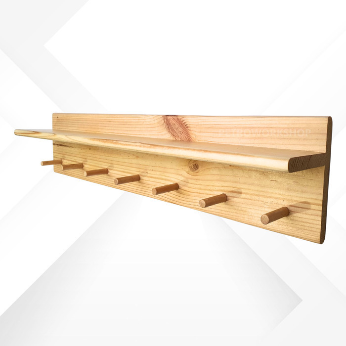 Kapstok Kayu Gantungan Kunci Tas Handuk Rak Ambalan Tempel Dinding - Pine Wood