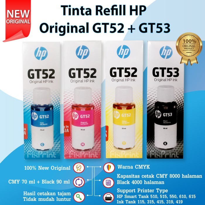 Tinta HP Original GT52 Yellow Cyan magenta Black M0H56A 70ml Printer Ink Tank 115 315 415 319 419 GT