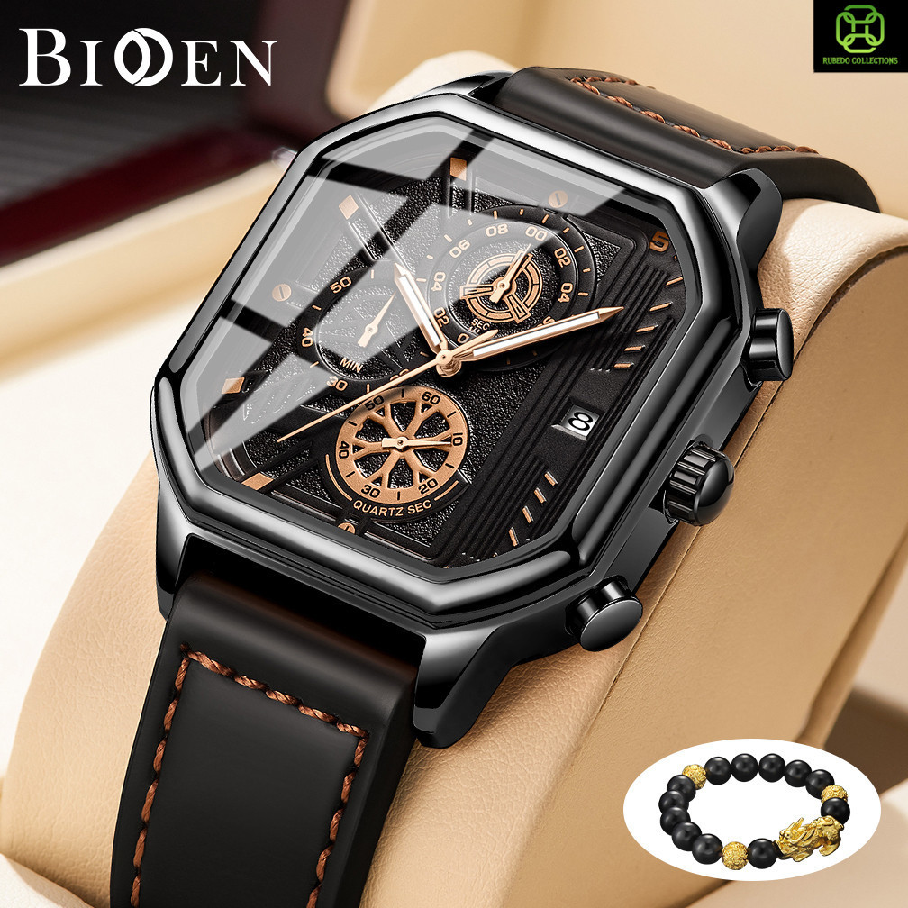 BIDEN Jam Tangan Pria Anti Air Original Jam Tangan Cowok Klasik Olahraga  Multifungsi Tali Kulit Jam