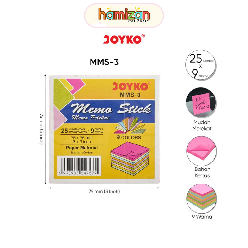 

( 1 pack ) Memo stick Mms3 / Stik Note / Sticky Notes / Pelekat Stiker warna pastel MMS-3 / MMS 3 Joyko/ Memo Stick Kertas Memo Tempel Sticky Note Joyko MMS-3 9 Warna - 5 X 5 CM