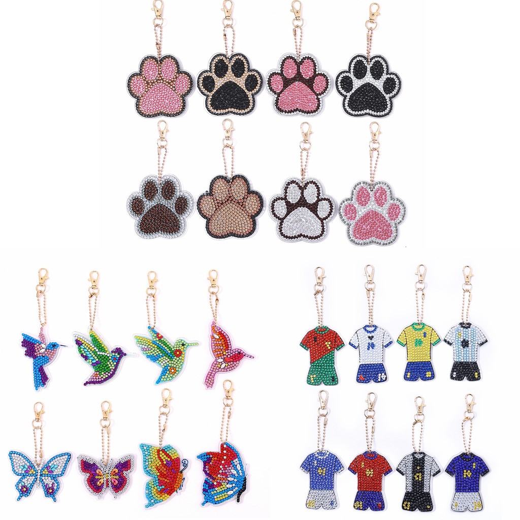

8Pcs/Set DIY Butterfly Diamond Painting Keychains Kits Double Sided Crystal Rhinestones Paw Diamond Art Keychains for Adults