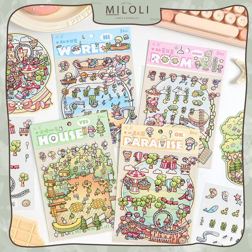 

[MILOLI] 3Lembar STICKER CUTE CARTOON ANIMAL Mini Cabin Scene 3D PET Landscaping DIY Scrapbook Stiker Dekor Jurnal - B0522