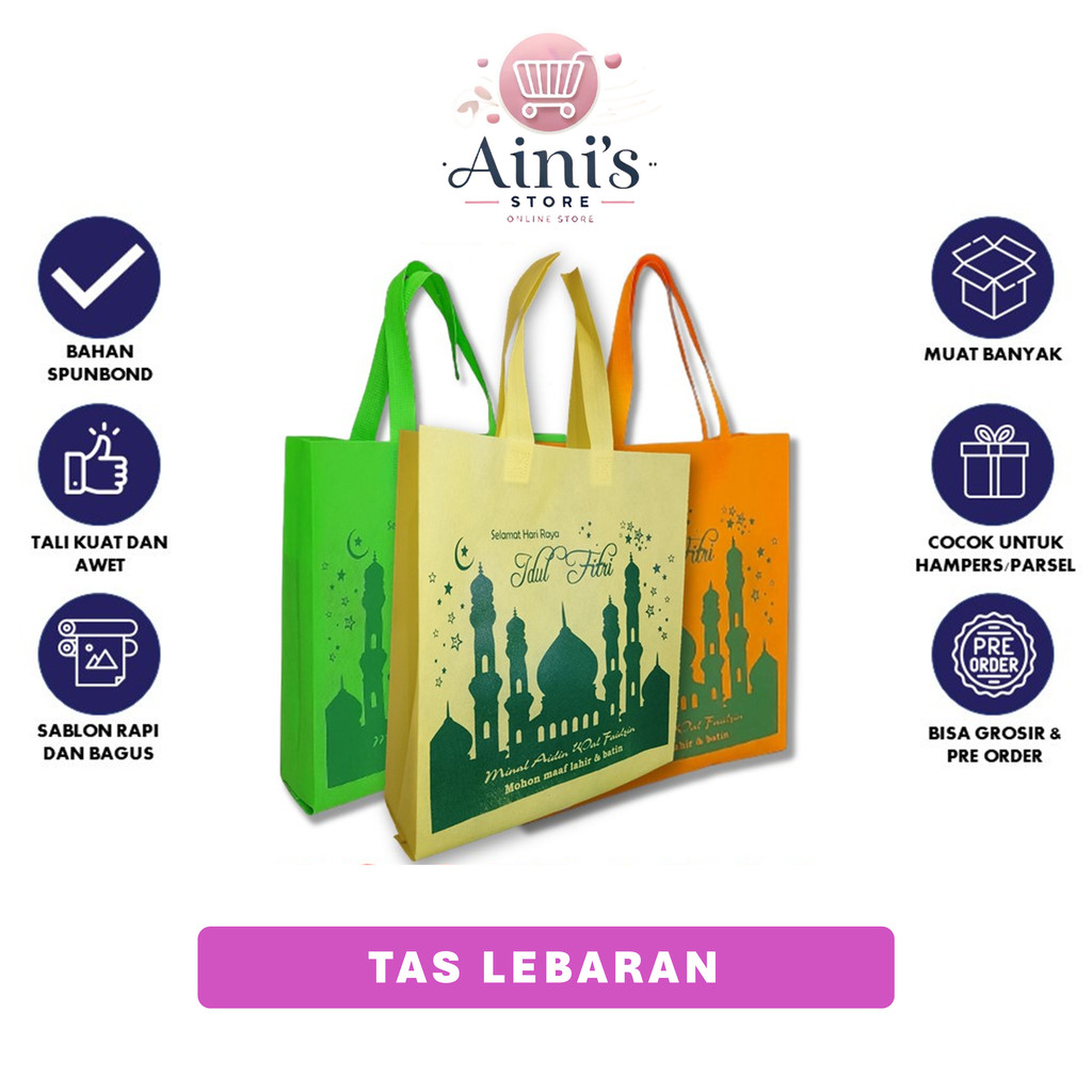 

Tas Souvenir Spunbond Sablon Parcel Lebaran Parsel Idul Fitri Standing Handle 40 x 30 x 8 Tas Spunbond Premium
