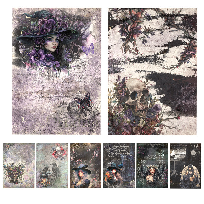 

Rice Paper Original Design Black Is Coming Retro Scrapbooking Decoration Hallowee DIY Vintage Junk Journal S24032101 8pcs Crafts