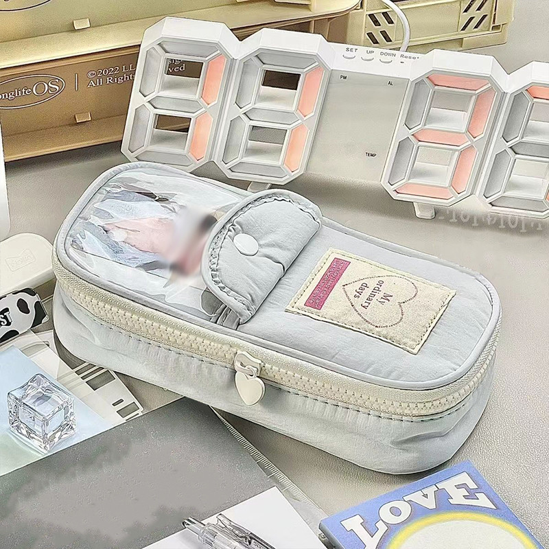 

Cute Japanese Small Fresh Simple Pencil Case Art Retro Large Capacity Girl Pen Bag with Clear Card Pocket Heart Shape Zipper