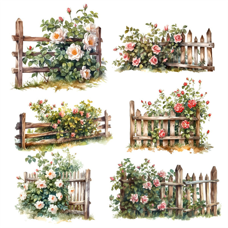

Stickers Watercolor flower garden wooden railing fence Stickers DIY Diary Project Decoration Vintage Scrapbooking Stationary
