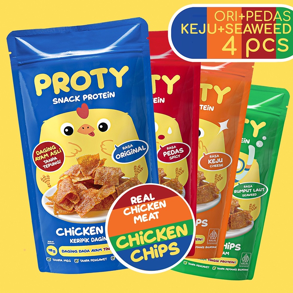 

PROTY Snack Sehat Chicken Chips Ori(1)+Pedas(1)+Keju(1)+RumputLaut(1) Tinggi Protein