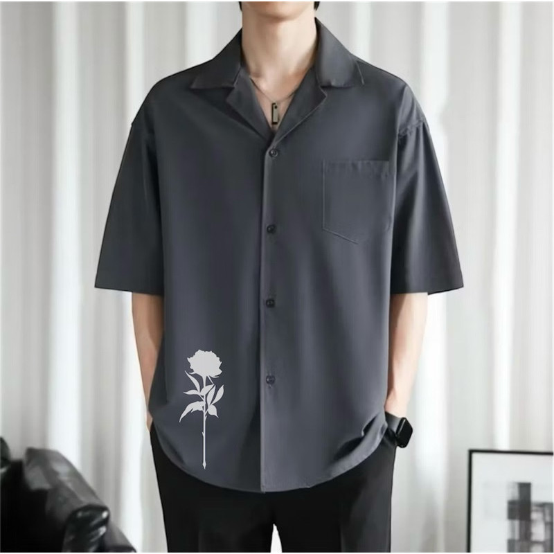 Kemeja Pria Lengan Pendek Kemeja Vintage Pria White Rose Kemeja Polos Pria Abu-Abu Hitam Kemeja Pria