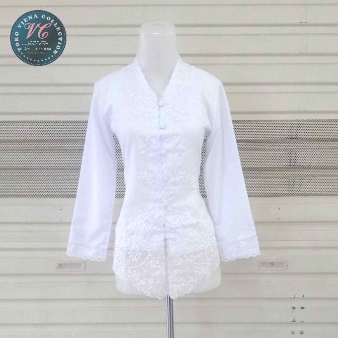 Kebaya Encim Modern Lengan Panjang Warna Putih Bersih Polos - L