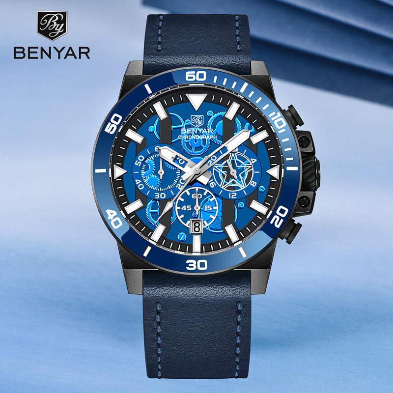 Jam Tangan Pria BENYAR NEW Men's Quartz Watch Fashion 42MM Chronograph Stopwatch 3C Sports Sapphire 