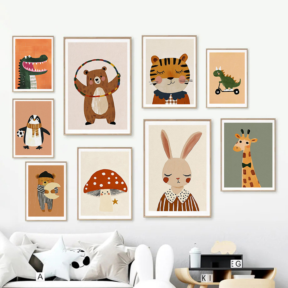 

Funny Animals Rabbit Tiger Bear Sports Dinosaur Skateboard Posters Prints Wall Art Canvas Nursery Pictures for Kids Room Decor
