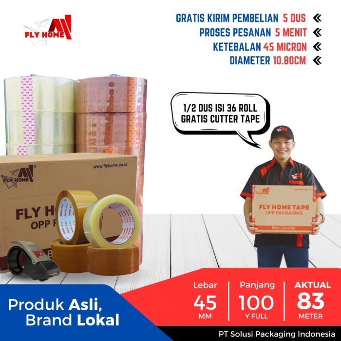 

FLYHOME Lakban bening coklat 45x100yard 2inchi 36roll ukuran FULL 83M 1/2dus