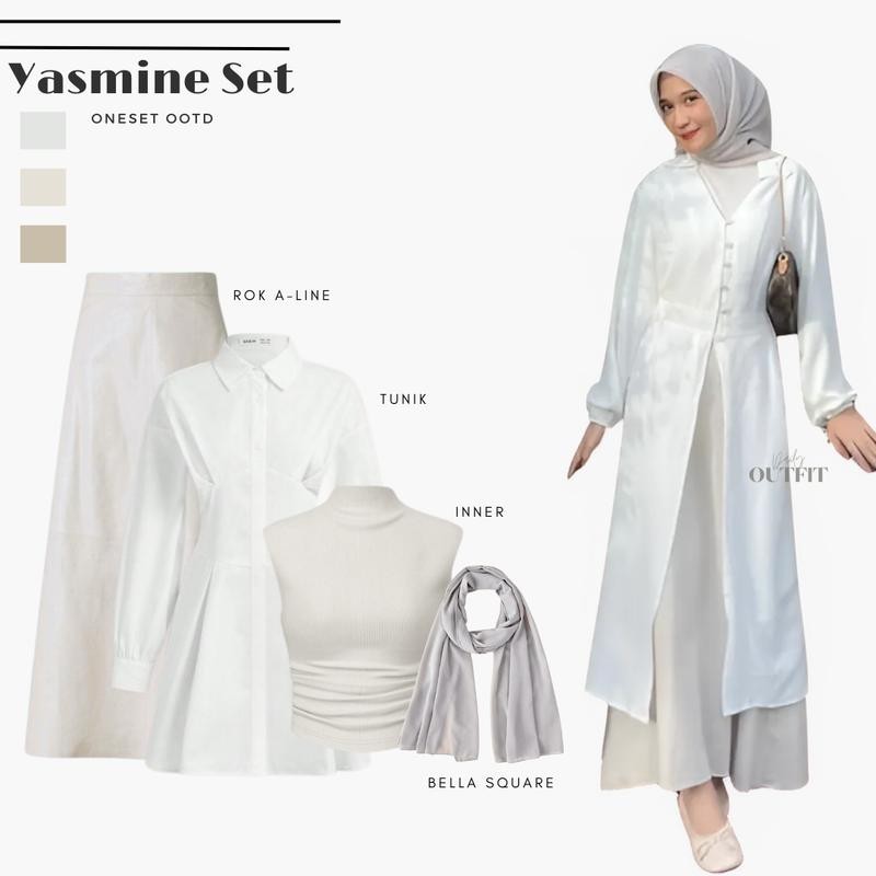 Outfit Wanita Hijab Kekinian ( Tunik + Inner + Rok Payung + Bella Square ) One set OOTD - Yasmine
