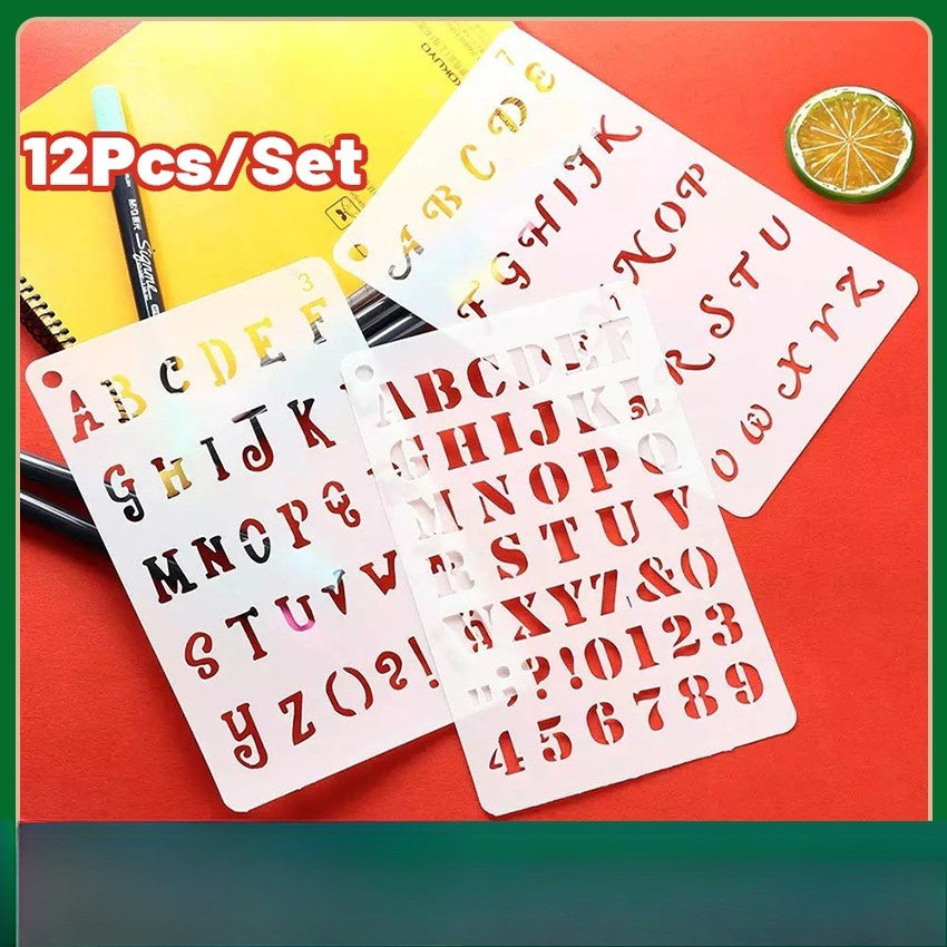

12Pcs/Set Penggaris Huruf & Angka Templates - Penggaris Sablon ABC - Lettering Stencil set - Penggaris Cetakan Huruf Angka Templates Sablon