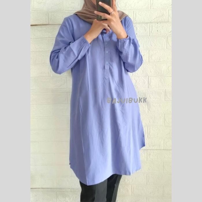 Tunik polos katun viscose jumbo kancing hidup lengan kancing magenta - fuschia - dusty pink Panjang 