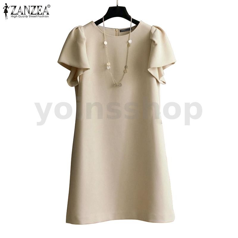 ZANZEA Women Korean Casual Crew Neck Ruffles Short Sleeve Dress Presale
