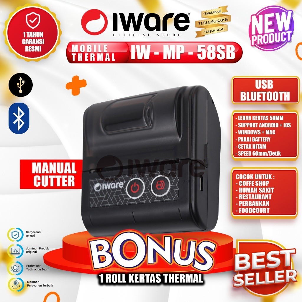 

Iware Printer Thermal Kasir RPP02N Mobile MP-58SB 58mm Usb Bluetooth Android & Windows