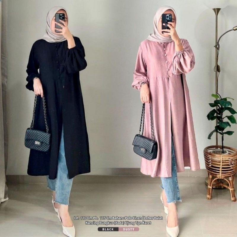SARA LONG TUNIK by Alila Hijab POLO LINEN ZARA / Baju Atasan Wanita Tunik Kerja Kuliah Basic Polos
