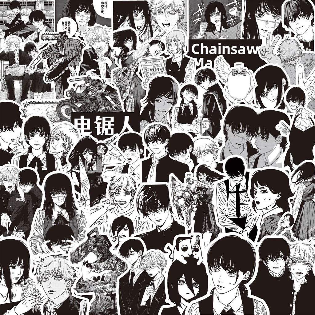 

75pcs Black White Anime Chainsaw Man Stickers Decals Cool DIY Skateboard Laptop Phone Waterproof Cartoon Sticker Toys