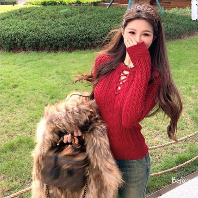 Sweater Wanita Korea Sweeter Crop Sexy Style Switer Rajut Wanita Round Neck Baju Rajut Wanita Lengan