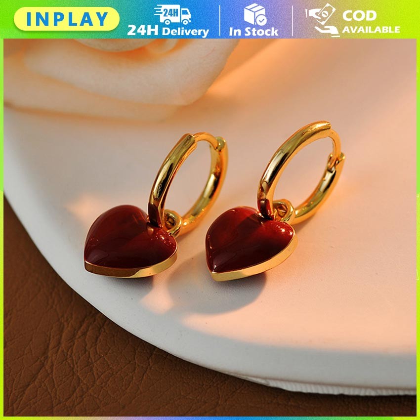 Anting Tusuk Hati Warna Wine Red / Anting Fashion Sweet Love Gaya Korea untuk Wanita