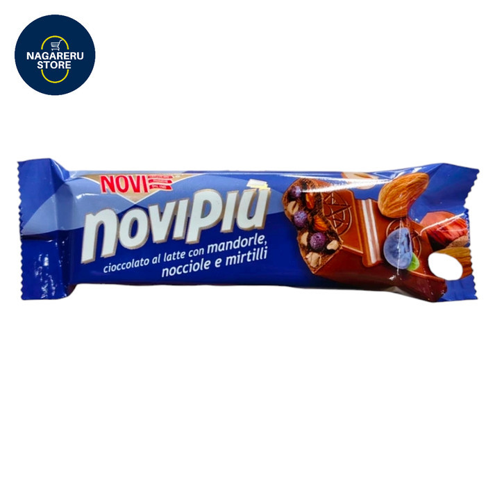 

Novi novipiu milk chocolate with almond, hazelnut and blueberries (coklat susu dengan kacang almond, kacang hazel dan blueberries) 28gr