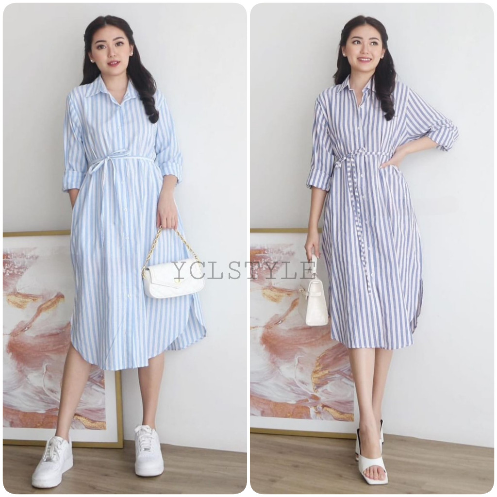 NANTARSHOP MONA STRIPES MIDI DRESS COTTON TUNIK PREMIUM