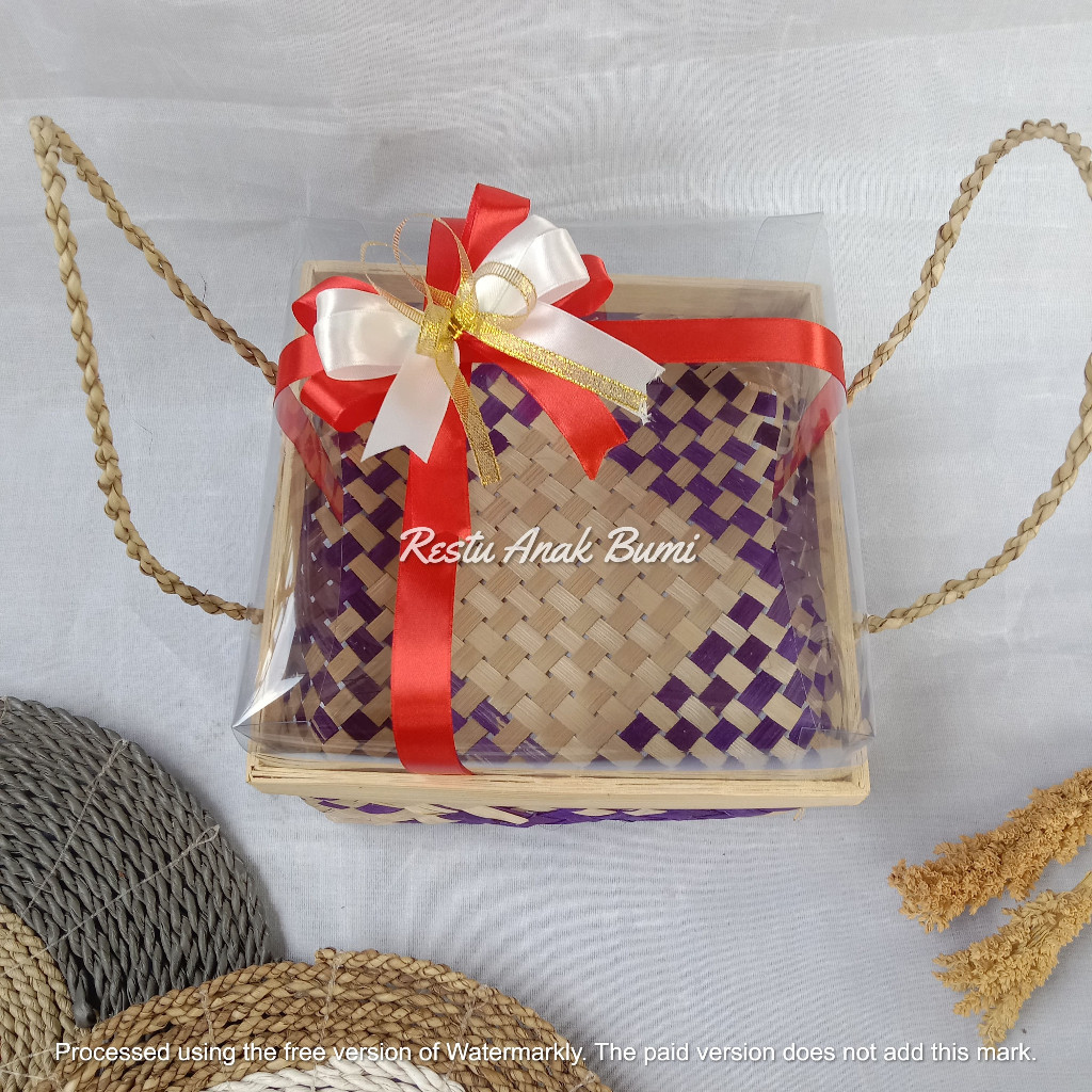 (BMT) Besek Mika Tinggi  Cangking Motif Ungu 20cm Pita  I Wadah seserahan sanggang manten kotak hant